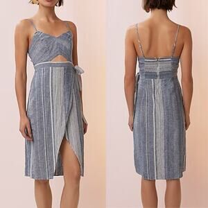 Express NWT Blue White Stripe Linen Blend Cut Out Strappy Wrap Midi Dress